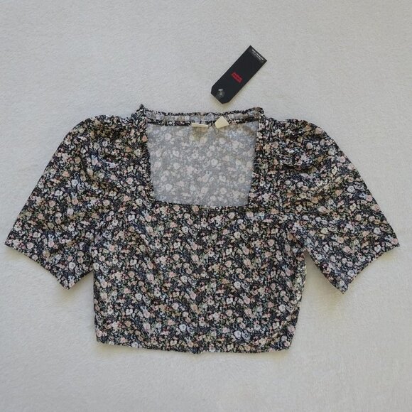 Levis Floral Cropped Blouse Top Womens Size M Multicolor Puff Sleeves - Picture 1 of 6